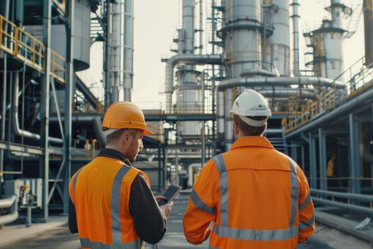 Engineers at an industrial site inspecting automated processes, machine learning analytics on portable devices, innovative infrastructure